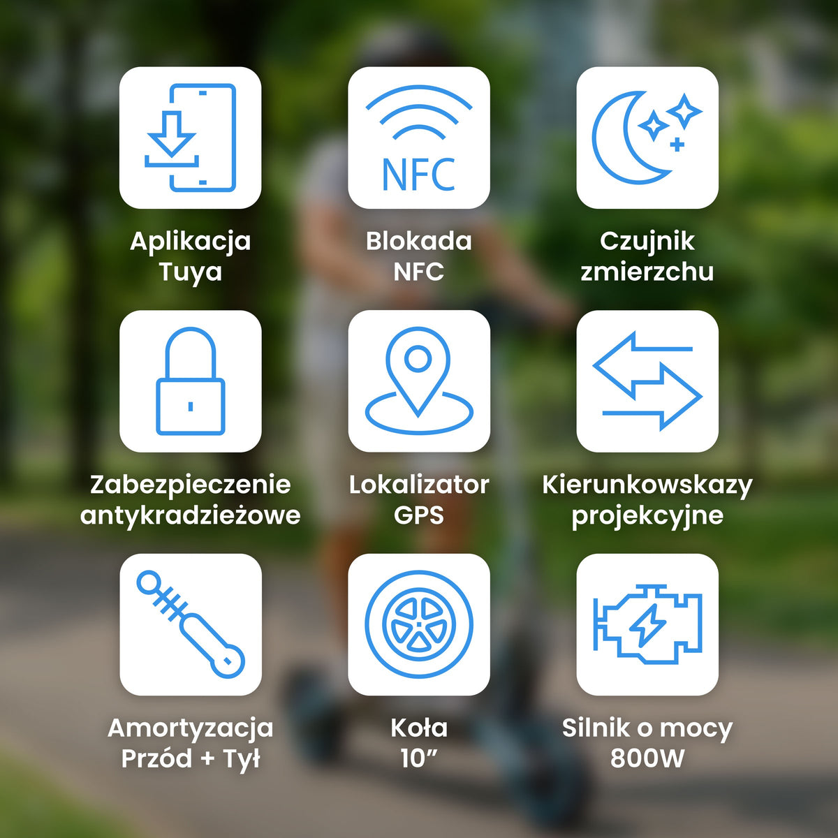 MOTUS Scooty 10 Max - najważniejsze funkcje: aplikacja Tuya, blokada NFC, lokalizator GPS, amortyzacja przód i tył
