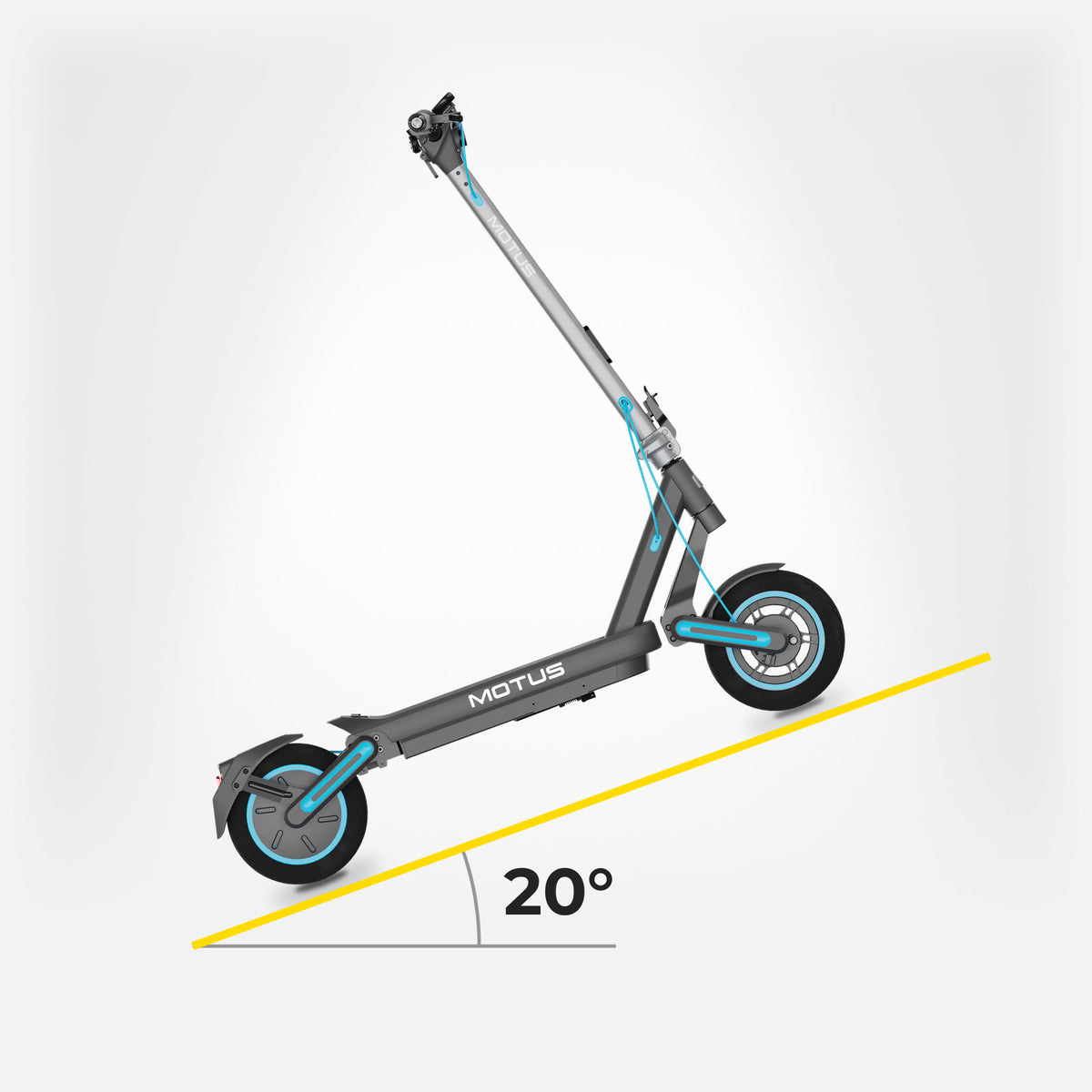 Hulajnoga elektryczna MOTUS Scooty 10 Max z silnikiem 800 W na linii podjazdu 20°, jasne studio.