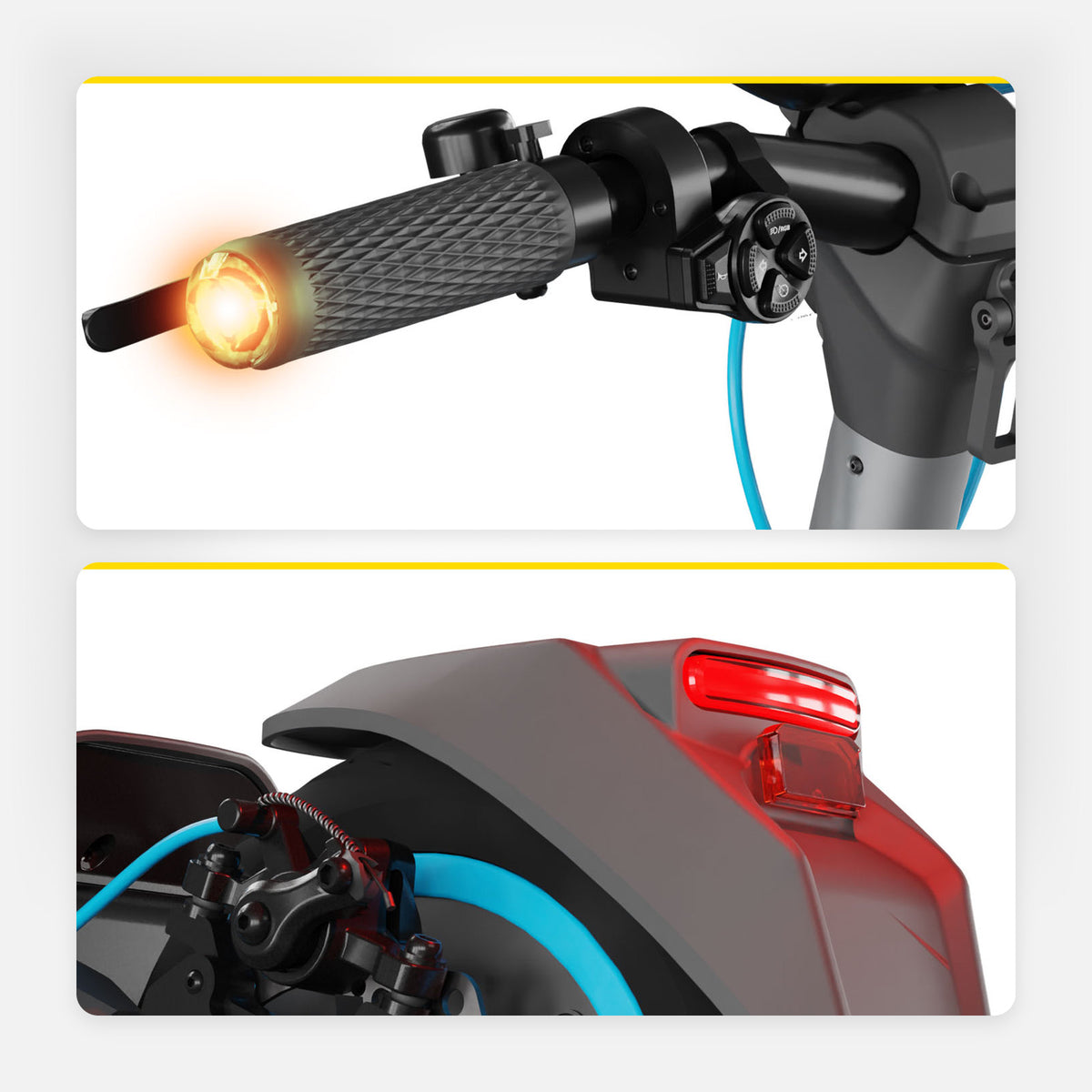 Zapalony kierunkowskaz w rączce i tylna lampa hulajnogi elektrycznej MOTUS Scooty 10 Max, jasne studio.