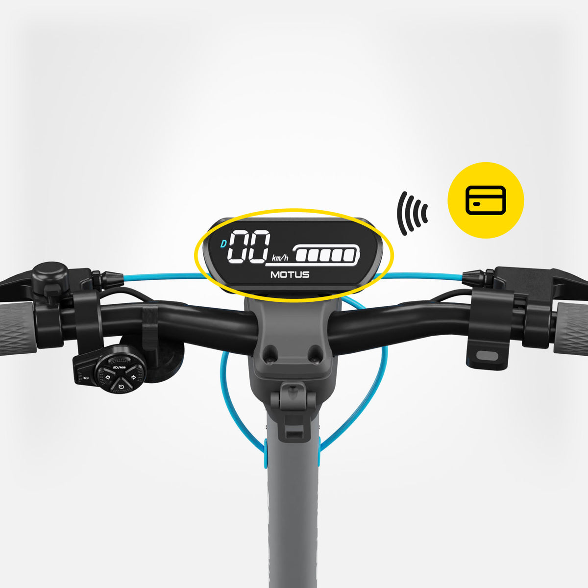 Kierownica hulajnogi elektrycznej MOTUS Scooty 10 Max z wyświetlaczem i ikoną karty NFC, jasne studio.