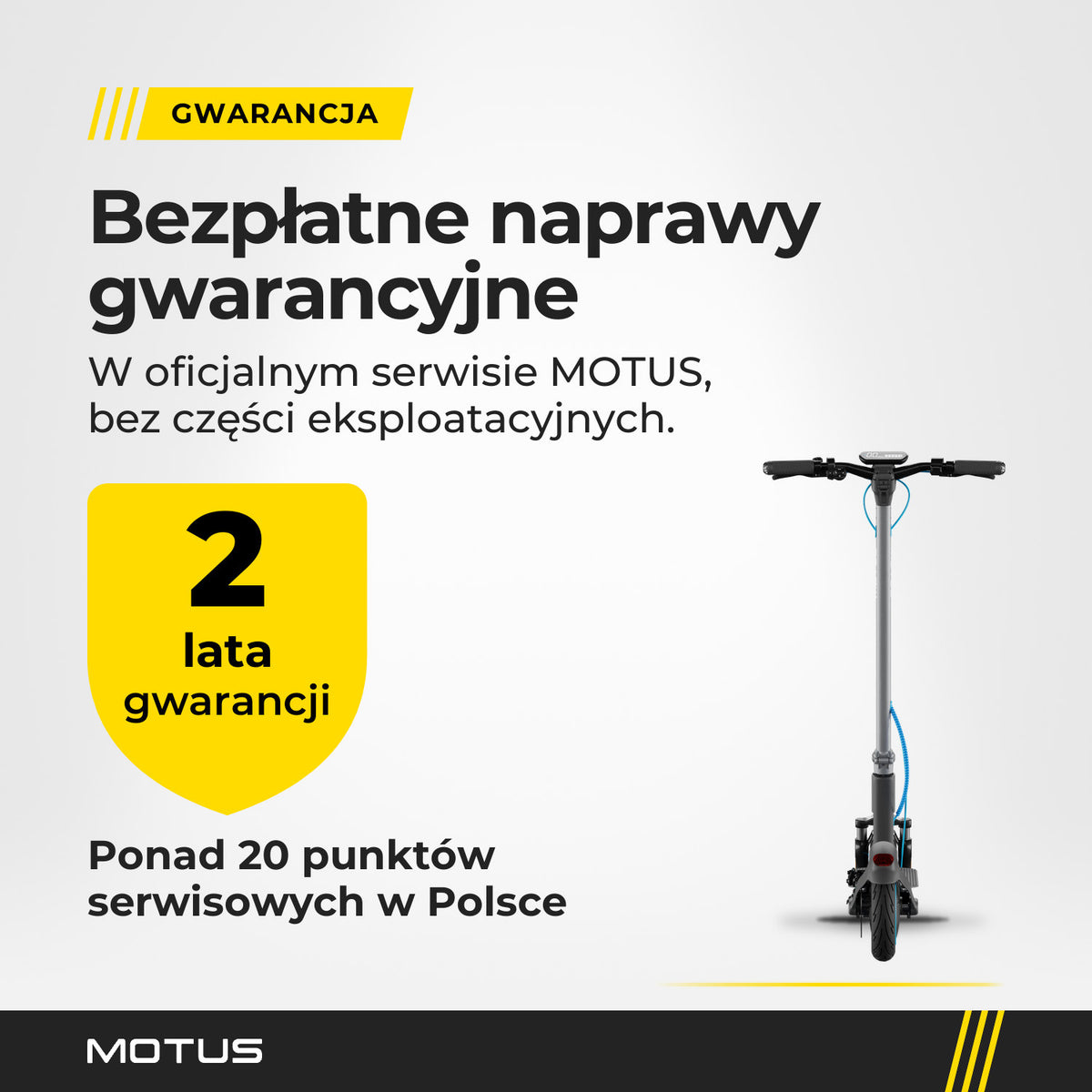 Gwarancja MOTUS Scooty 10 Pro: 2 lata, ponad 20 punktów serwisowych w Polsce, bezpłatne naprawy gwarancyjne bez części eksploatacyjnych.