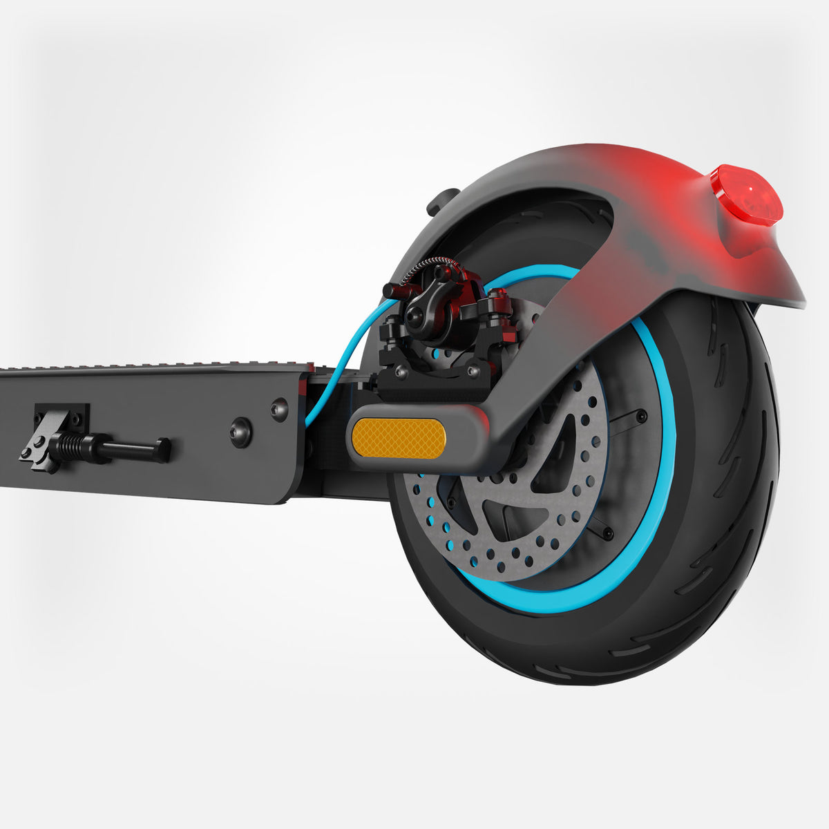 Tylne koło hulajnogi elektrycznej MOTUS Scooty 10 Pro z hamulcem tarczowym i świecącym tylnym światłem, jasne studio.