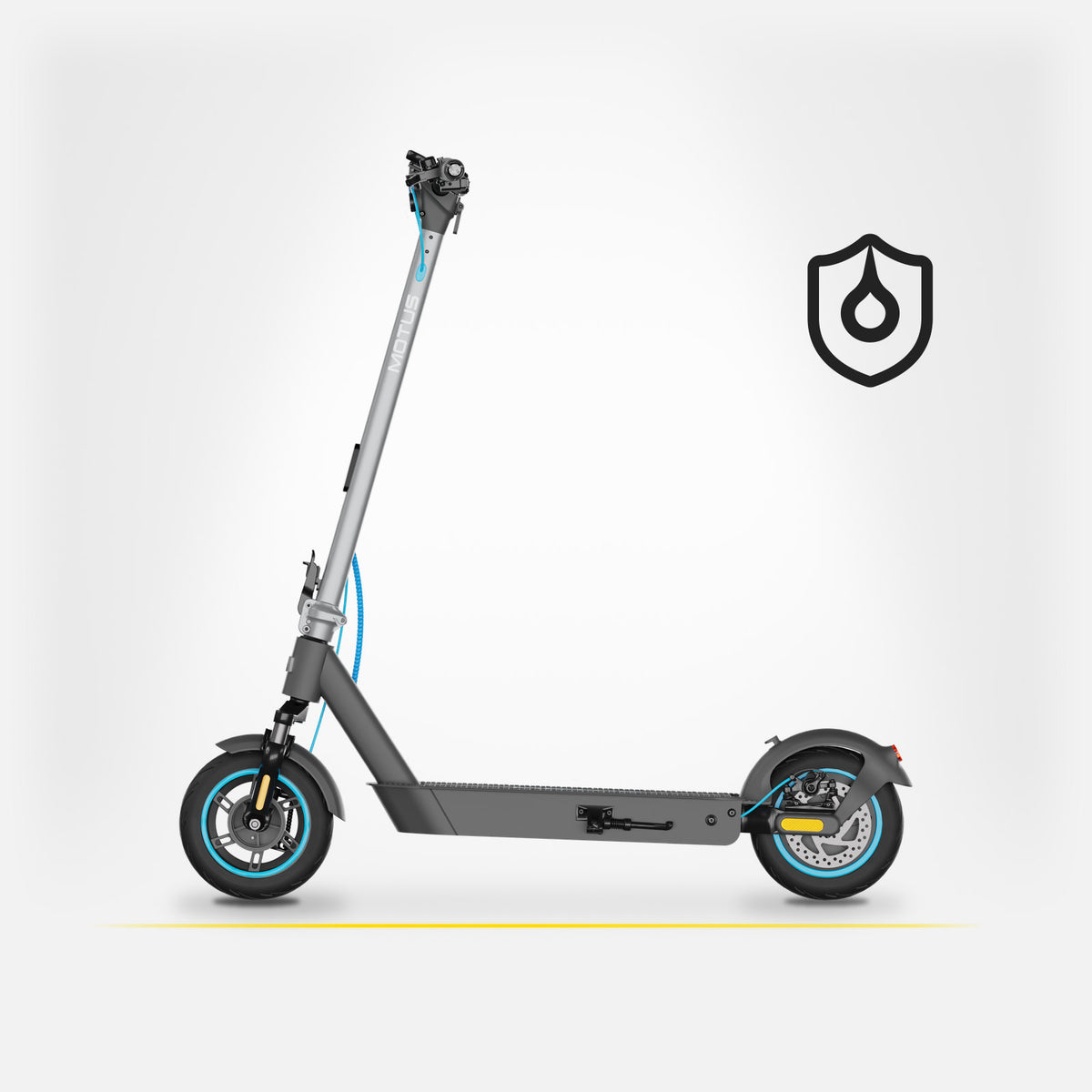 Hulajnoga elektryczna MOTUS Scooty 10 Pro z profilu i ikona stopnia ochrony IP45, jasne studio.