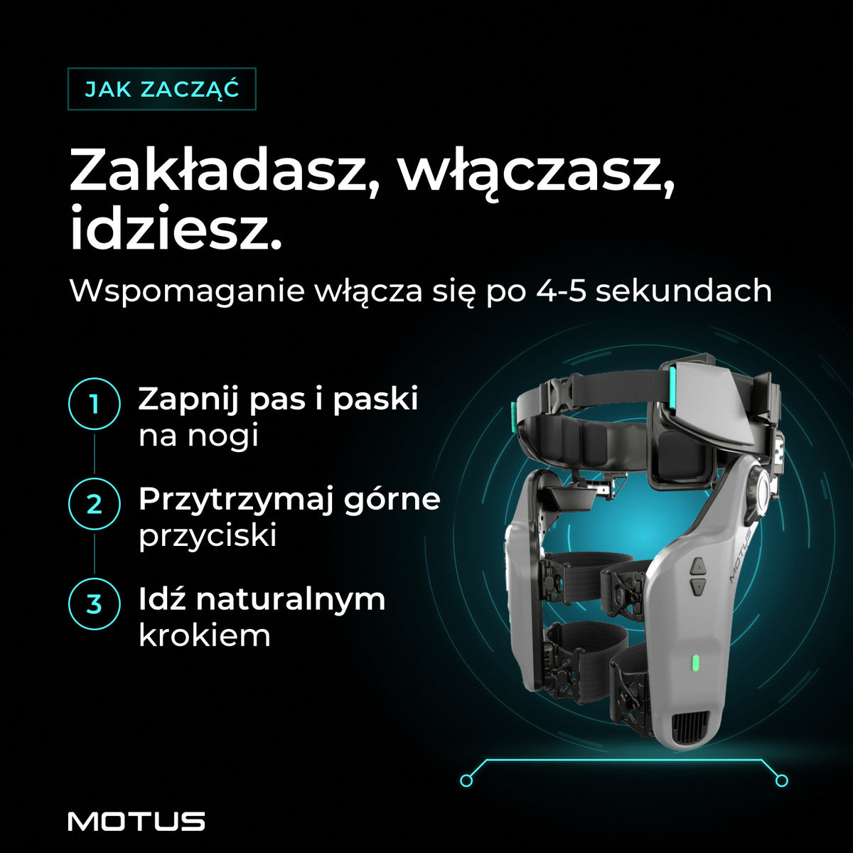 Egzoszkielet MOTUS Trek Ultra w 3 krokach: zapnij pas i paski na nogi, przytrzymaj górne przyciski, idź. Wspomaganie włącza się po 4-5 sekundach.