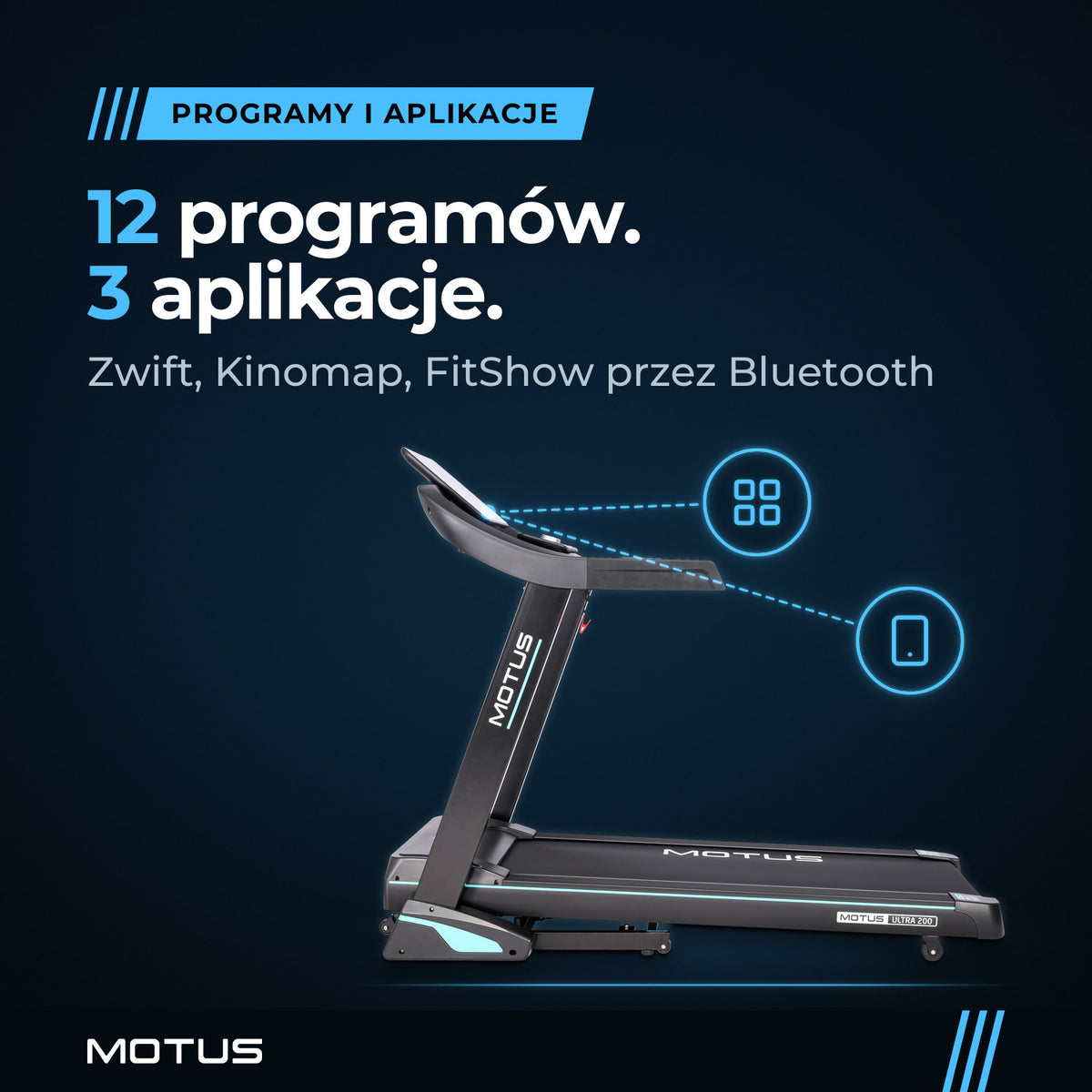 Bieżnia MOTUS ULTRA 200: 12 programów i aplikacje Zwift, Kinomap i FitShow przez Bluetooth.