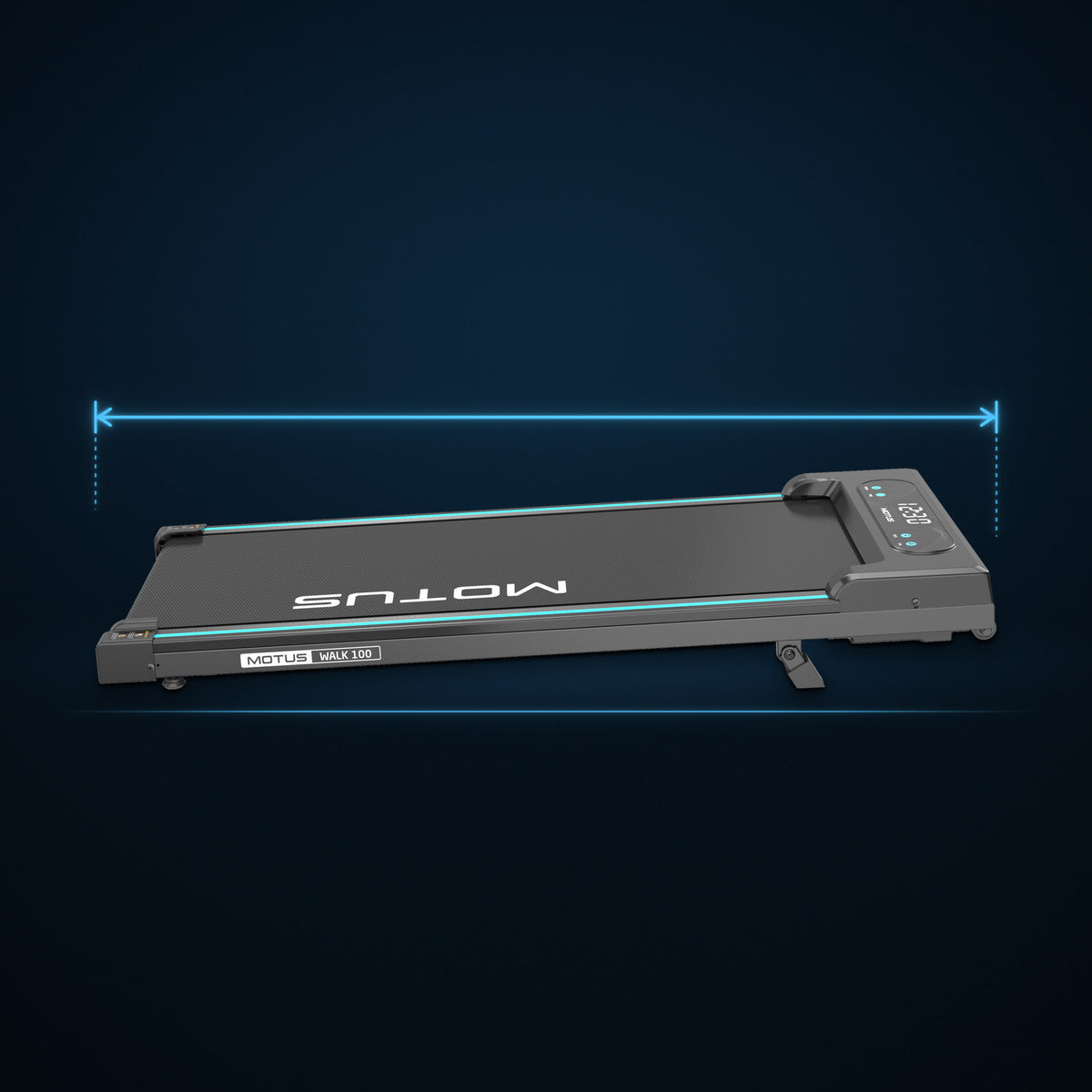 Walking pad MOTUS WALK 100 w widoku z boku, nad nim niebieska linia wymiarowa na całej długości.