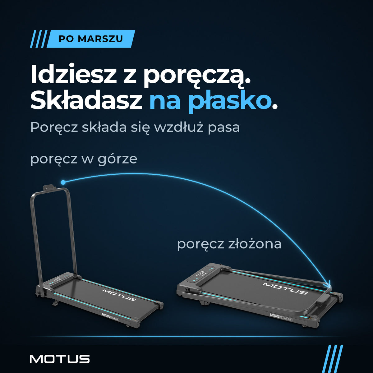 Walking pad MOTUS WALK 200 w 2 ustawieniach: z poręczą w górze do marszu i z poręczą złożoną na płasko wzdłuż pasa.