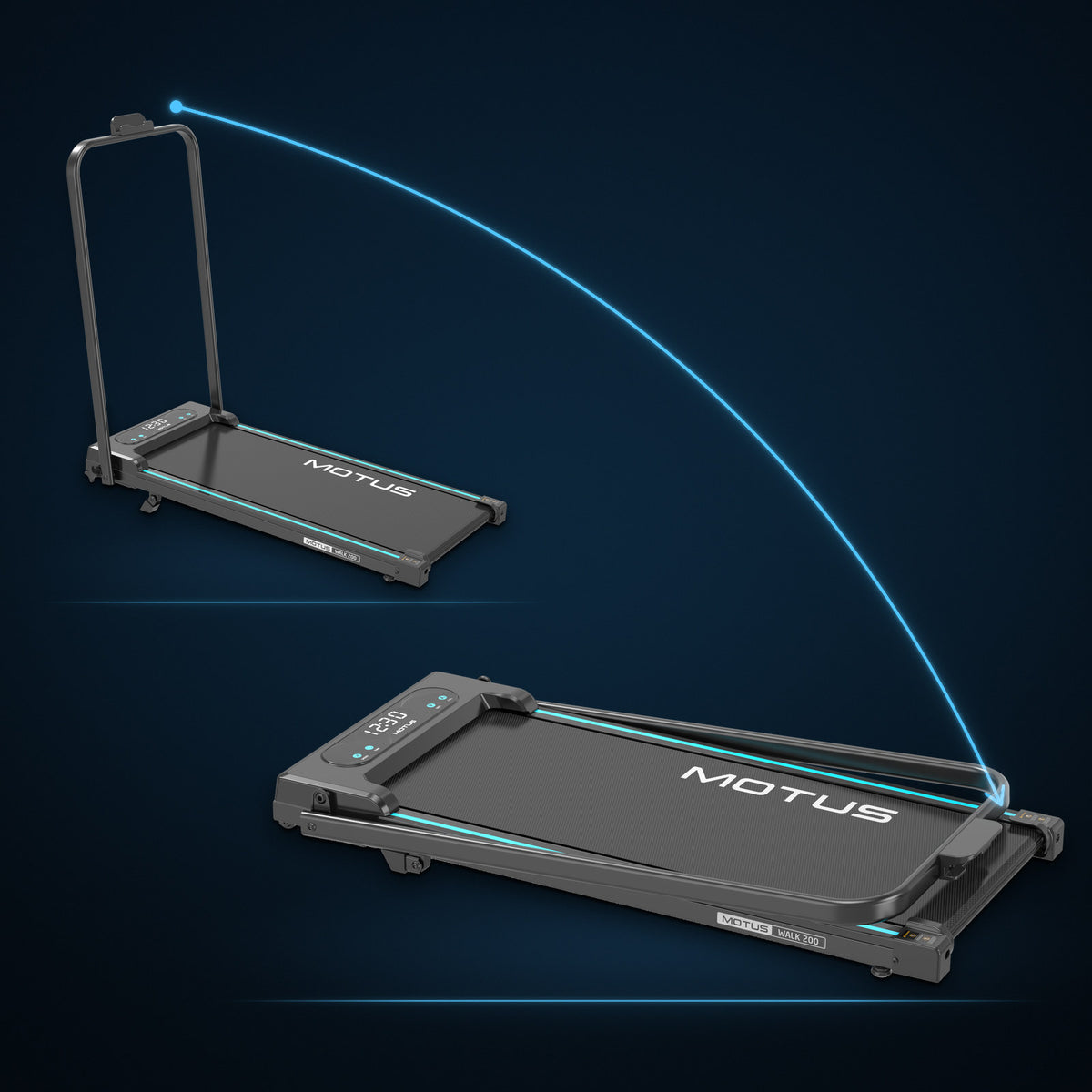Walking pad MOTUS WALK 200 w 2 ustawieniach: z poręczą w górze i z poręczą złożoną na płasko wzdłuż pasa, między nimi niebieski łuk.