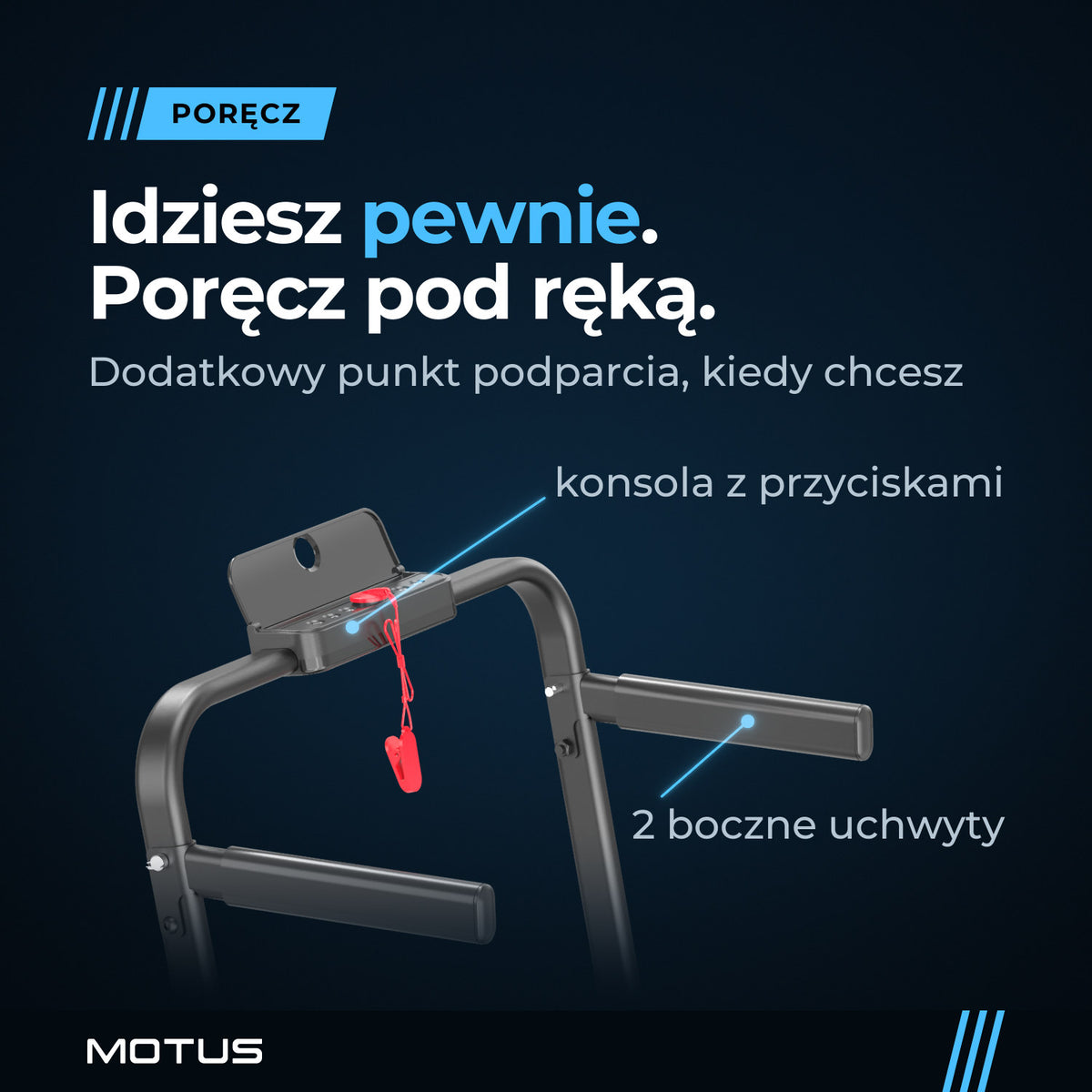 Poręcz walking pada MOTUS WALK 400 z bliska: dwa boczne uchwyty i konsola z przyciskami na górnej belce, czerwony klucz bezpieczeństwa.