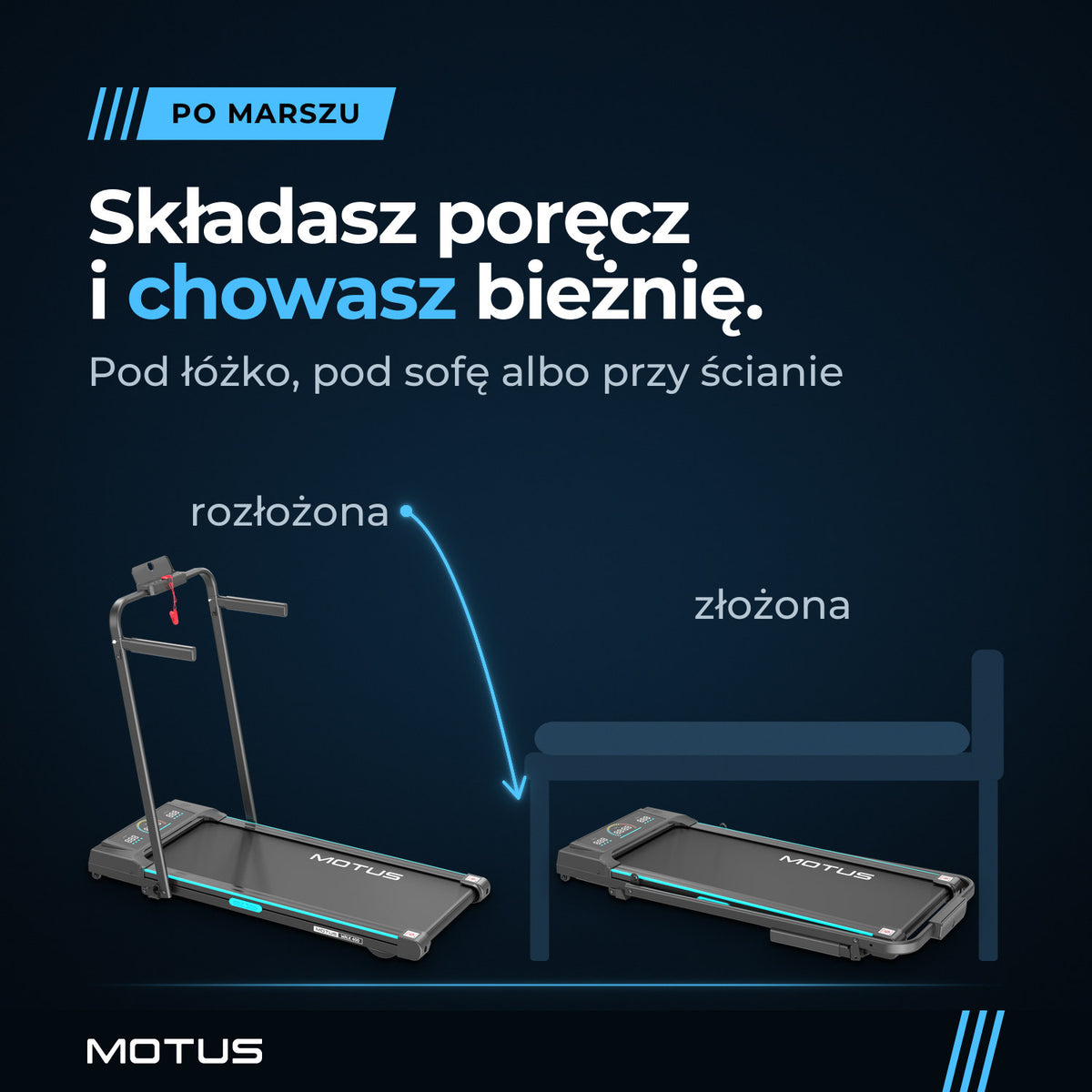 Walking pad MOTUS WALK 400 w dwóch ustawieniach: z rozłożoną poręczą i ze złożoną na płasko, obok kontur łóżka.