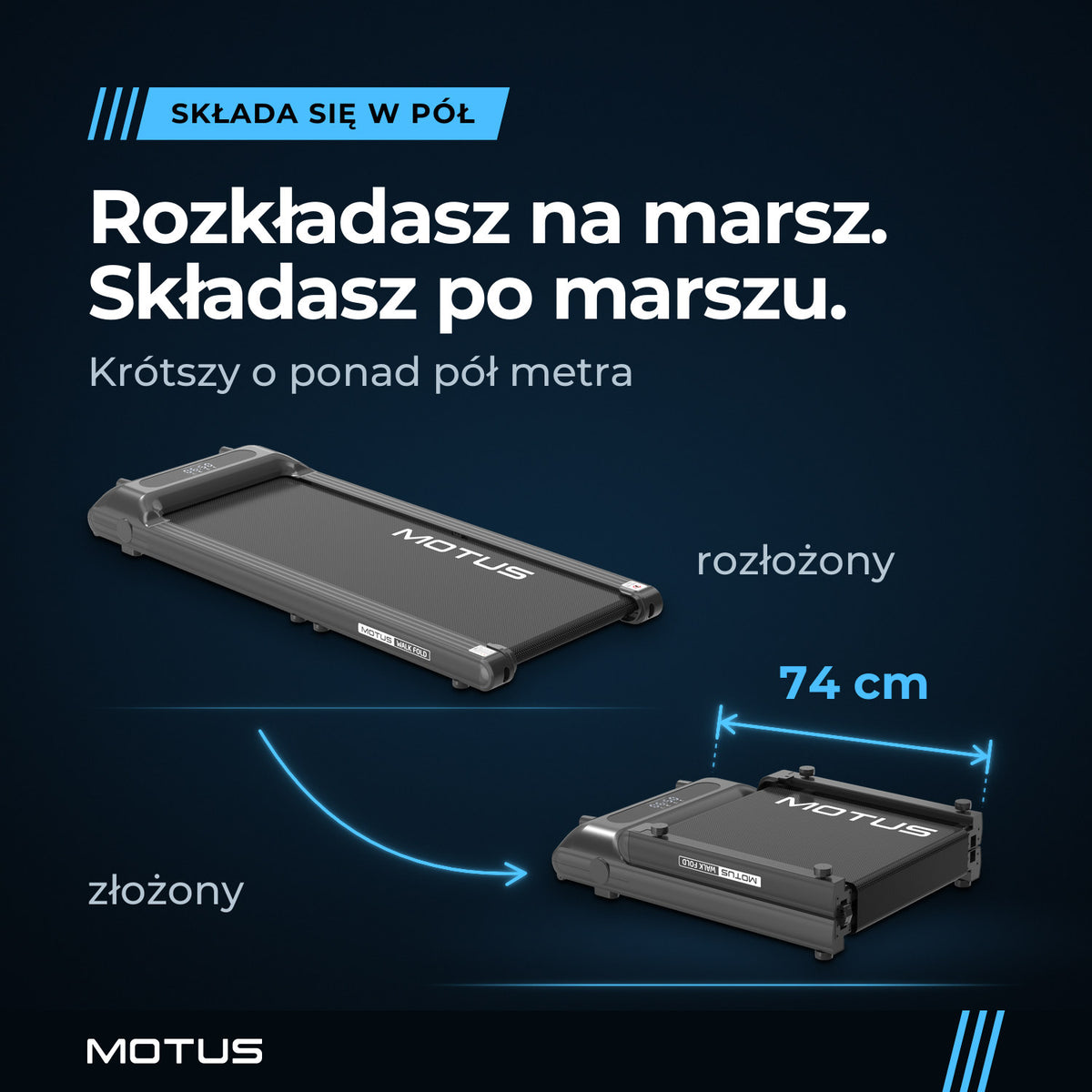 Walking pad MOTUS WALK FOLD w dwóch stanach: rozłożony do marszu i złożony w pół, po złożeniu 74 cm długości.