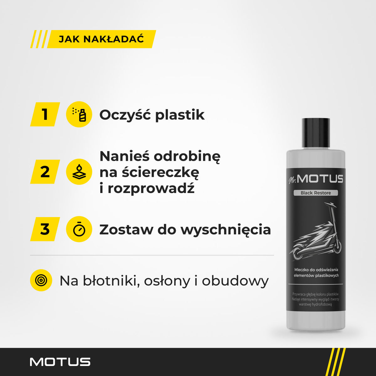 Jak nakładać Black Restore: oczyść plastik, nanieś odrobinę mleczka na ściereczkę, rozprowadź na błotnikach i osłonach, zostaw do wyschnięcia.