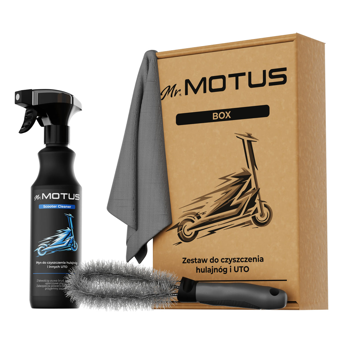 Zestaw Mr. MOTUS BOX: płyn Scooter Cleaner w butelce ze spryskiwaczem, szczotka, ściereczka z mikrofibry i kartonowe pudełko