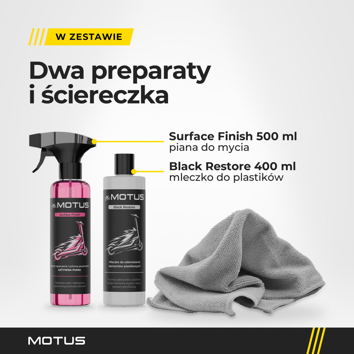 Zestaw Mr. MOTUS Finish BOX: Surface Finish 500 ml, piana do mycia, Black Restore 400 ml, mleczko do plastików, i ściereczka z mikrofibry.