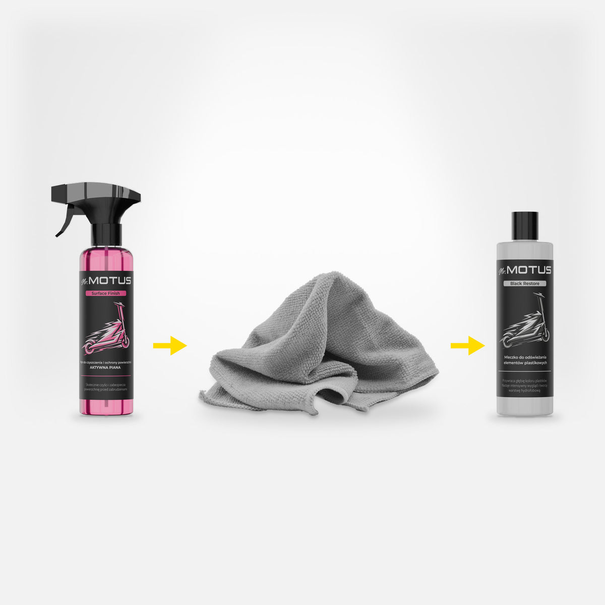 Piana Surface Finish, ściereczka z mikrofibry i mleczko Black Restore ułożone w kolejności użycia.
