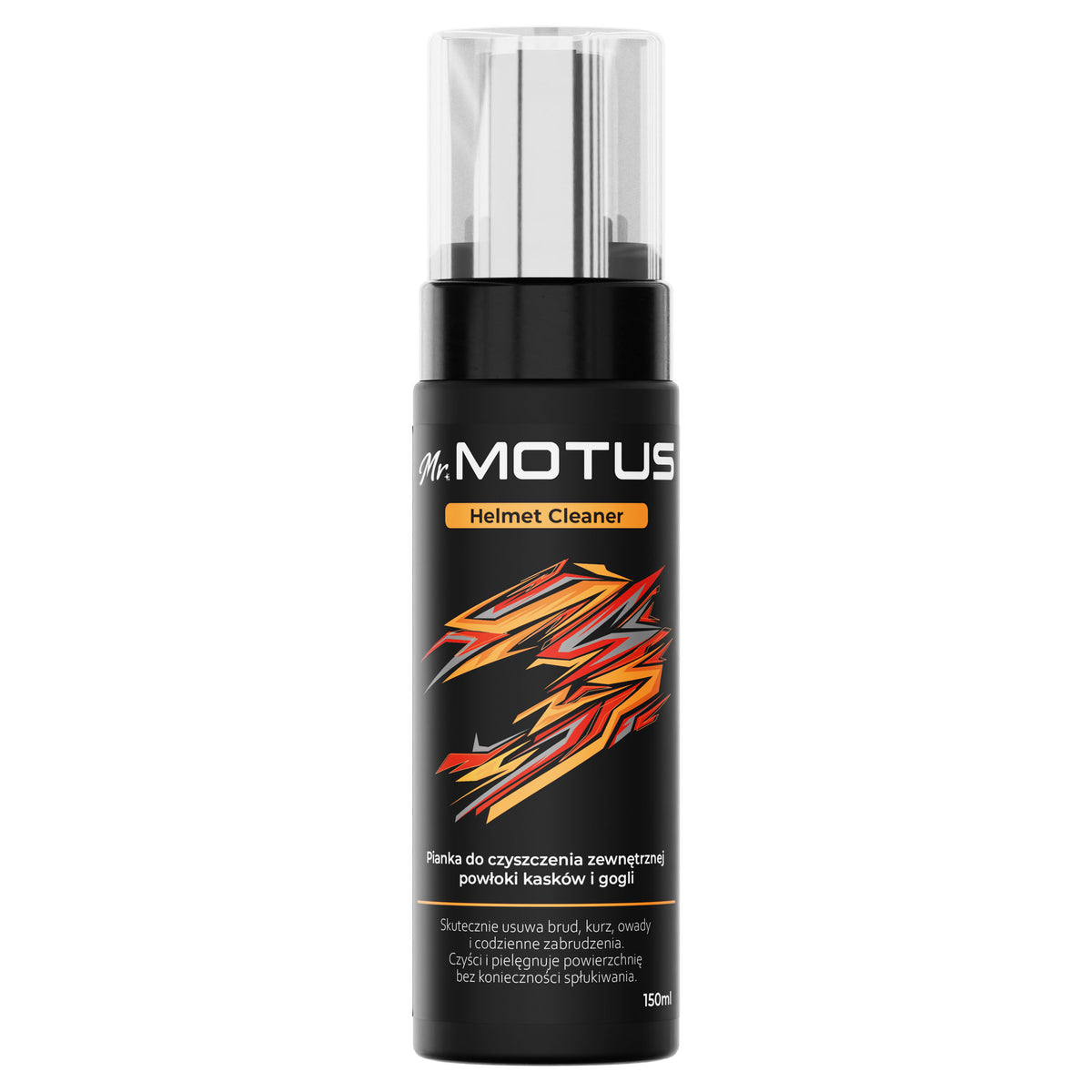 Pianka do czyszczenia kasku Mr. MOTUS Helmet Cleaner 150 ml w czarnej butelce z dozownikiem, na białym tle.