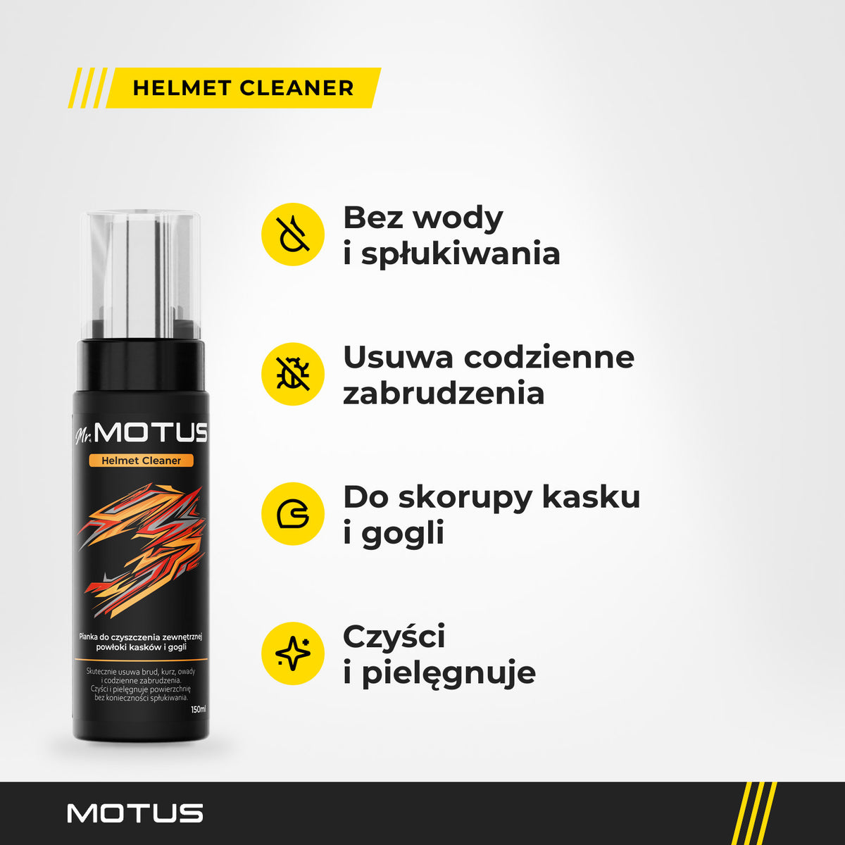 Butelka Mr. MOTUS Helmet Cleaner i 4 korzyści: bez wody i spłukiwania, usuwa codzienne zabrudzenia, do skorupy kasku i gogli, czyści i pielęgnuje.