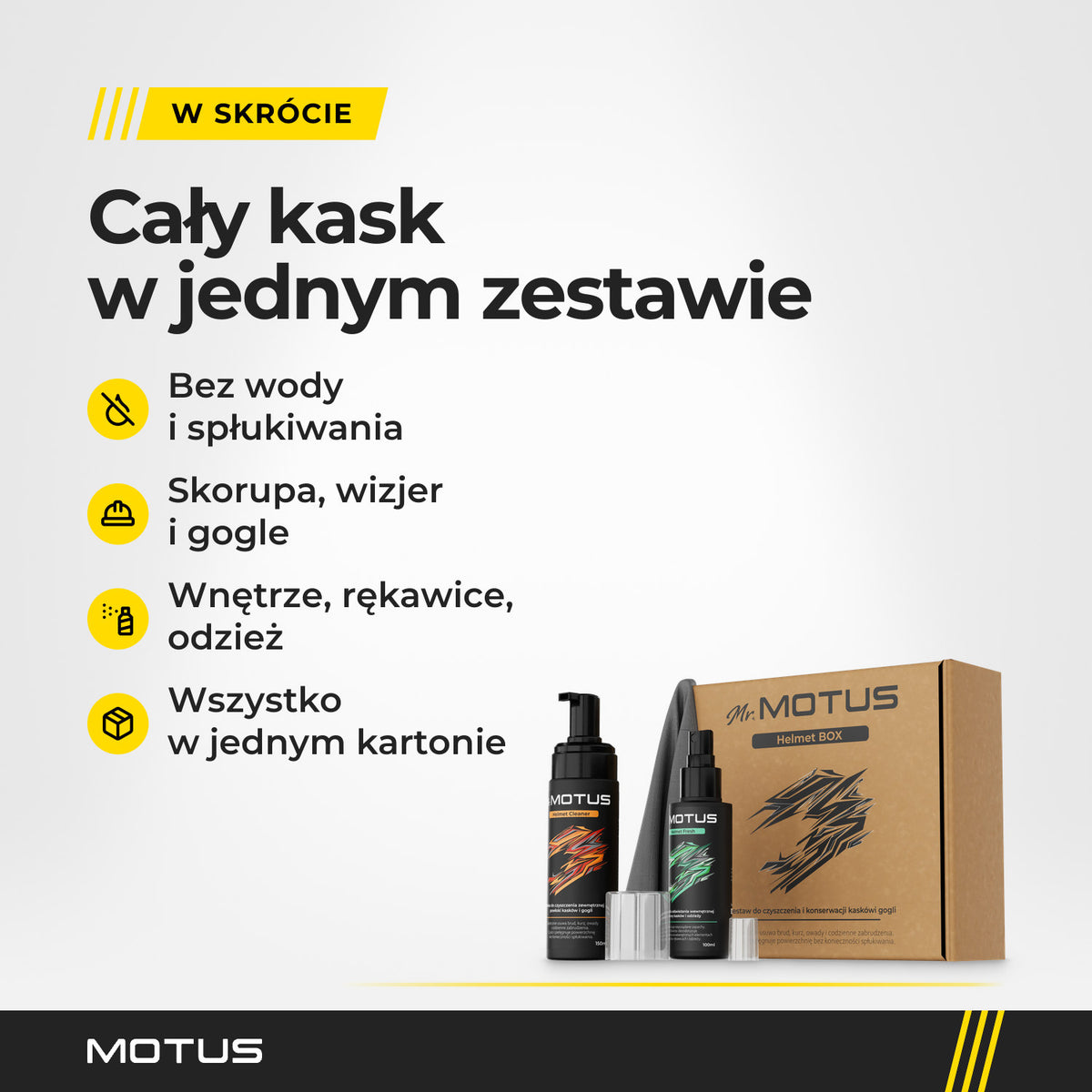 Zestaw Mr. MOTUS do kasku i 4 korzyści: bez wody i spłukiwania, skorupa, wizjer i gogle, wnętrze, rękawice i odzież, wszystko w jednym kartonie.
