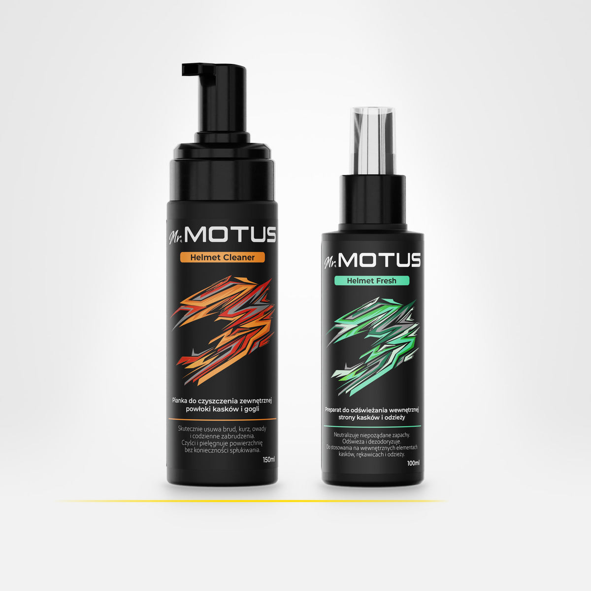 Pianka Mr. MOTUS Helmet Cleaner 150 ml z pompką i spray Helmet Fresh 100 ml obok siebie na jasnym tle.