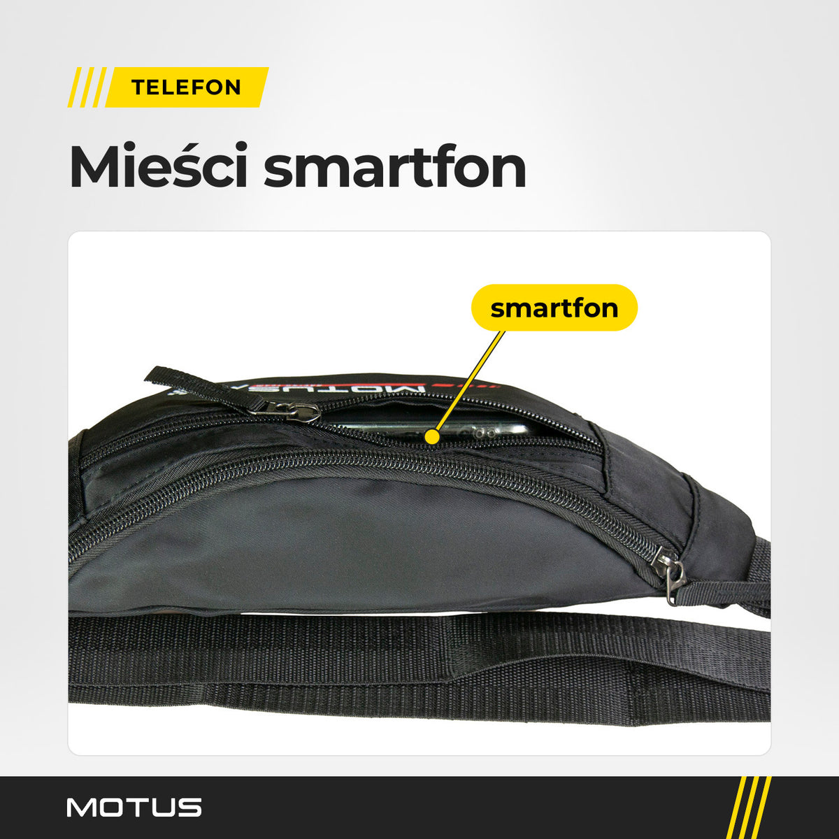 Nerka MOTUS z góry: smartfon wsunięty w kieszeń na zamek, pod spodem rozłożony pas z taśmy.