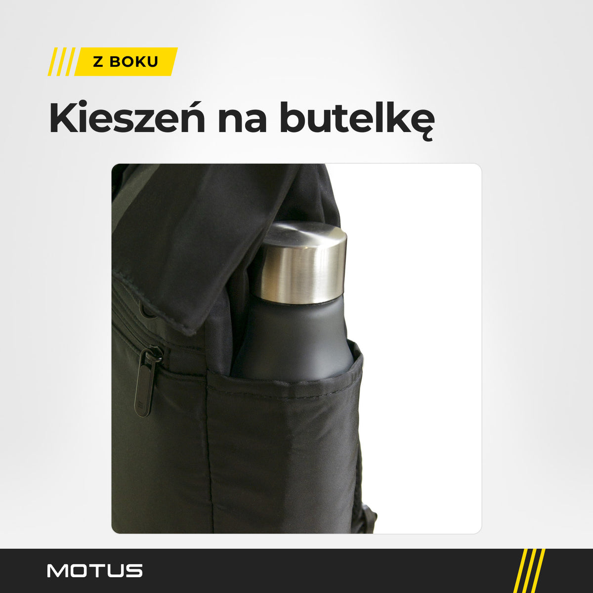 Butelka w kieszeni z boku plecaka Motus, obok suwak kieszeni z przodu i brzeg klapy.