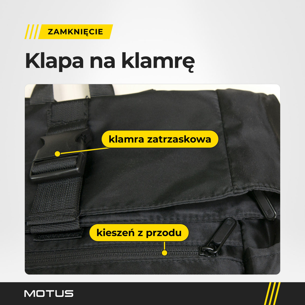 Klapa plecaka Motus z bliska z podpisami: klamra zatrzaskowa na taśmie i zamek kieszeni z przodu.