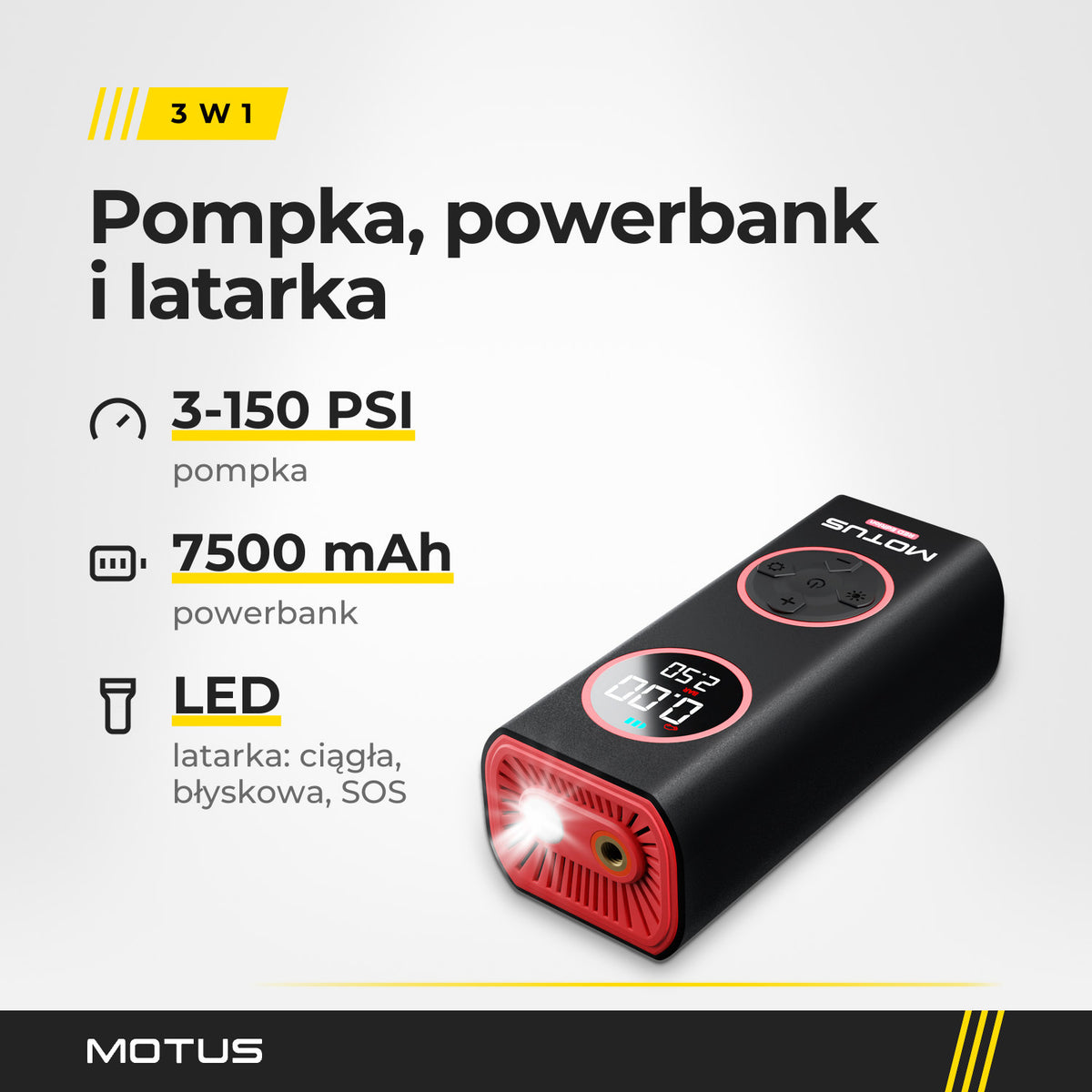 Pompka MOTUS AirPump PRO w kolorze czerwonym z włączoną latarką: pompka 3-150 PSI, powerbank 7500 mAh i latarka LED.