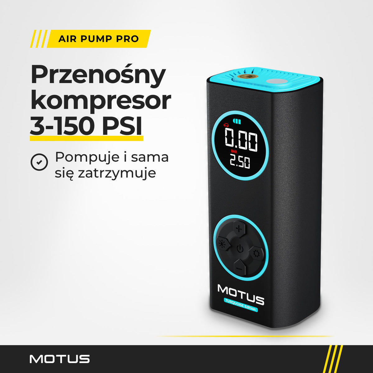 Pompka elektryczna MOTUS AirPump PRO w kolorze turkusowym: przenośny kompresor 3-150 PSI z automatycznym zatrzymaniem.