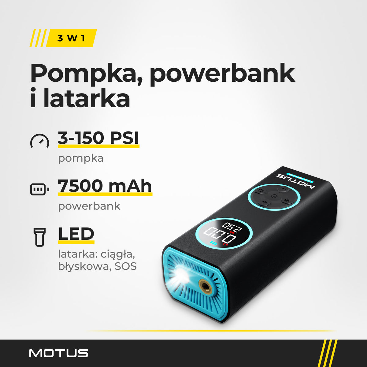 Pompka MOTUS AirPump PRO w kolorze turkusowym z włączoną latarką: pompka 3-150 PSI, powerbank 7500 mAh i latarka LED.