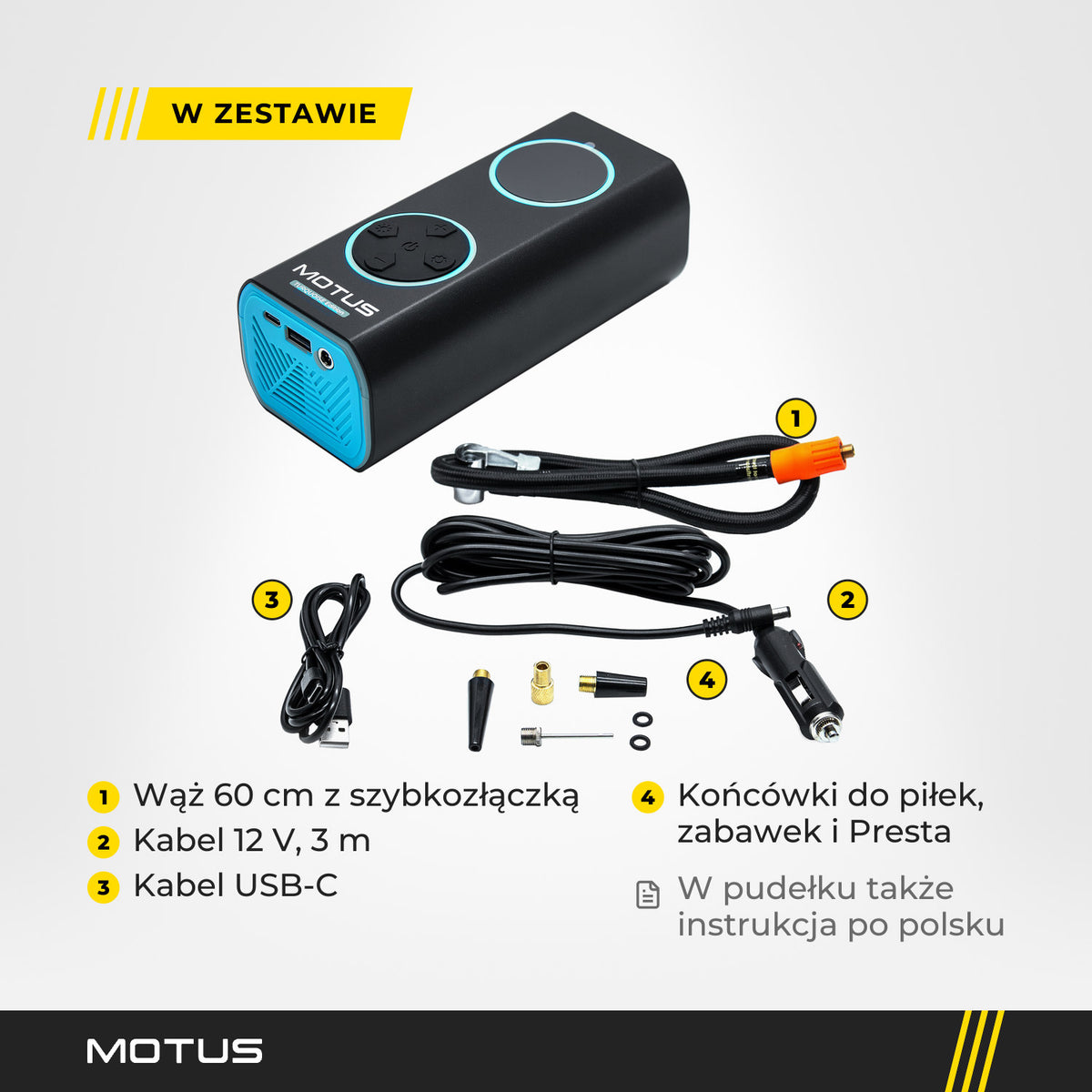 Pompka MOTUS AirPump PRO w kolorze turkusowym z zestawem: wąż 60 cm, kabel 12 V 3 m, kabel USB-C i końcówki.