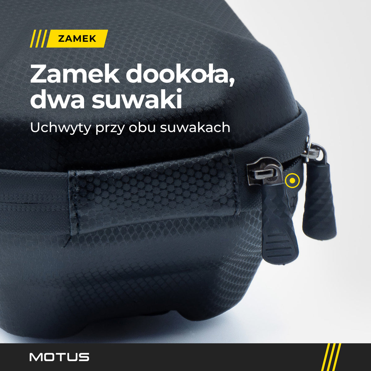Zbliżenie zamka sakwy 3L MOTUS Black Edition: dwa suwaki z uchwytami.