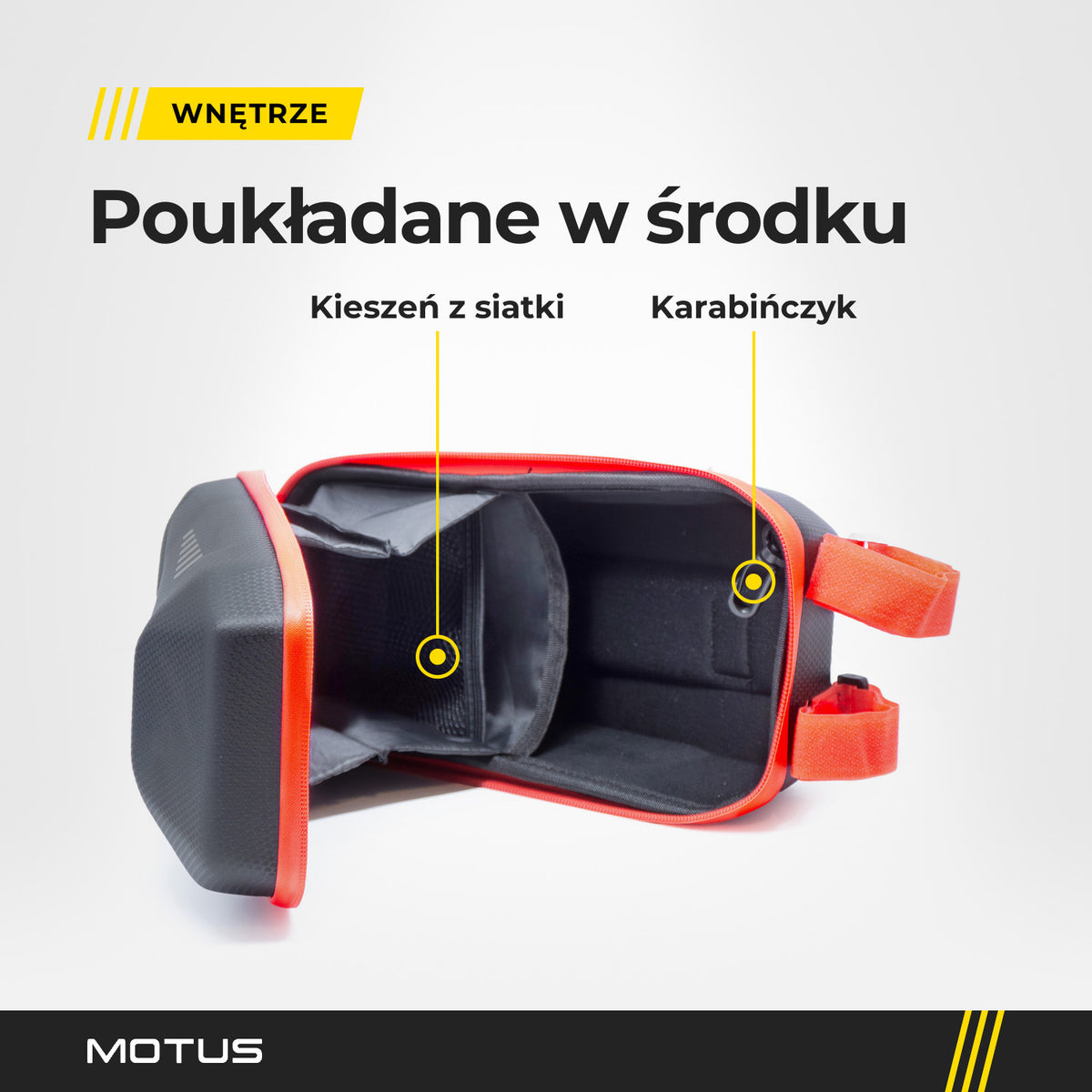 Otwarta sakwa 3L MOTUS Red Edition: w środku kieszeń z siatki i karabińczyk.