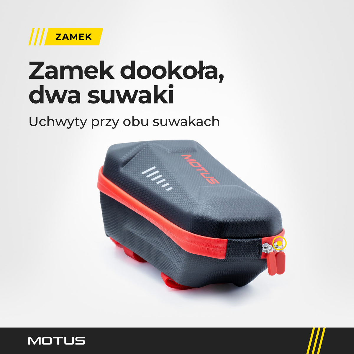 Sakwa 3L MOTUS Red Edition od strony suwaków: czerwony zamek dookoła i dwa suwaki z czerwonymi uchwytami.