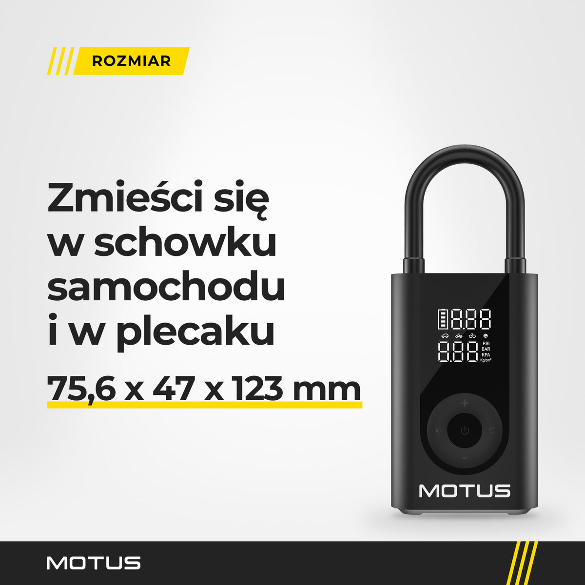Pompka MOTUS V2 od frontu w jasnym studiu z wymiarami 75,6 x 47 x 123 mm, mieści się w schowku samochodu i w plecaku.