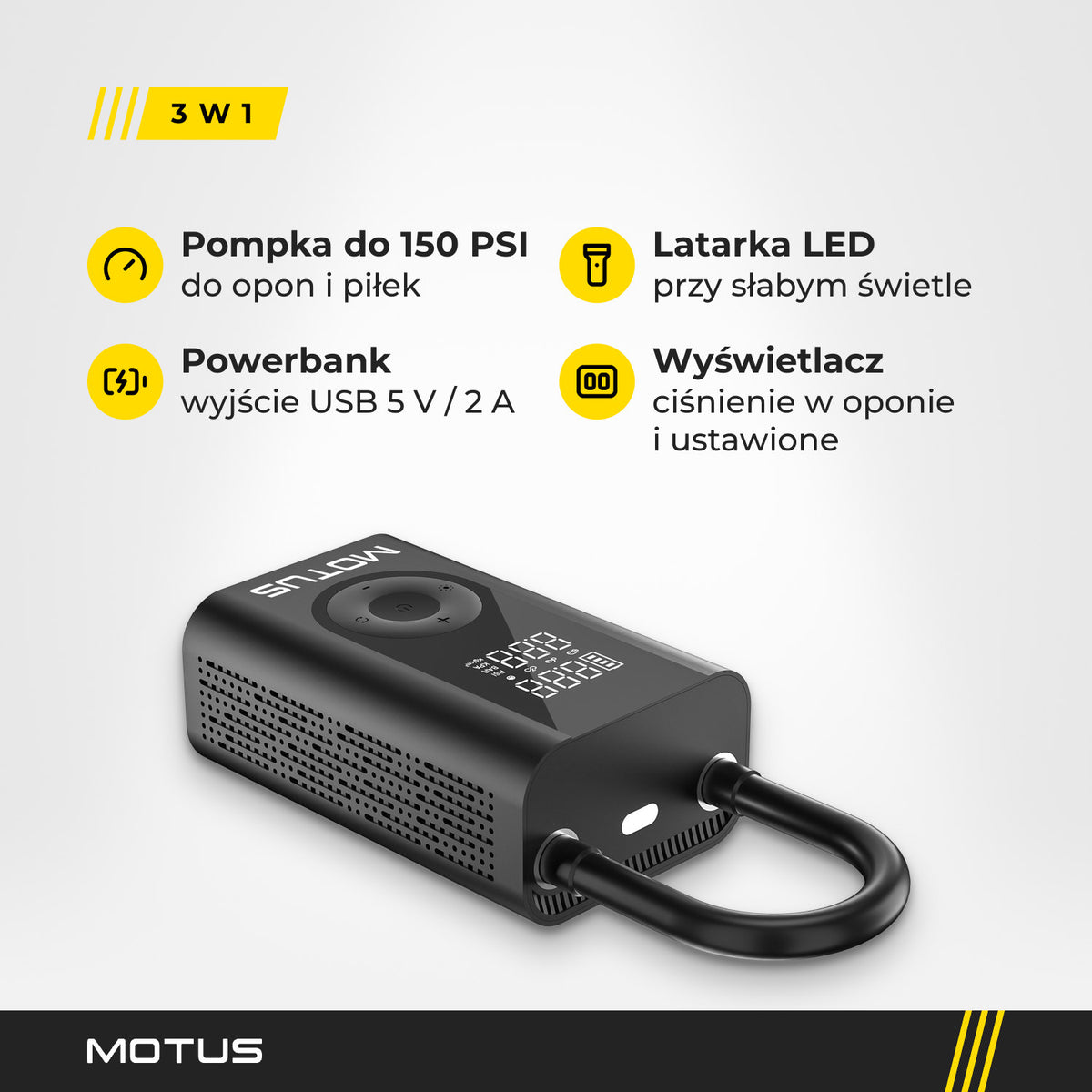 Pompka MOTUS V2 z diodą LED między złączami węża: pompowanie do 150 PSI, latarka LED, powerbank 5 V / 2 A i cyfrowy wyświetlacz ciśnienia.