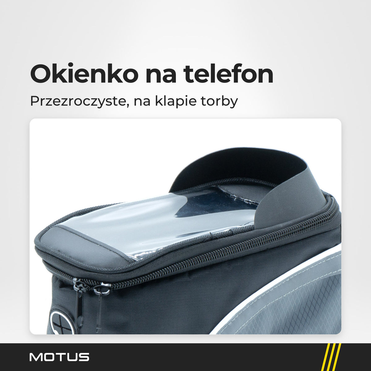 Klapa torby rowerowej na ramę MOTUS z bliska: przezroczyste okienko na telefon w czarnym obszyciu i daszek nad okienkiem.