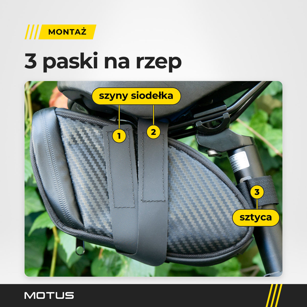 Montaż torby pod siodełko MOTUS: 2 paski na rzep owinięte wokół szyn siodełka i trzeci wokół sztycy roweru.