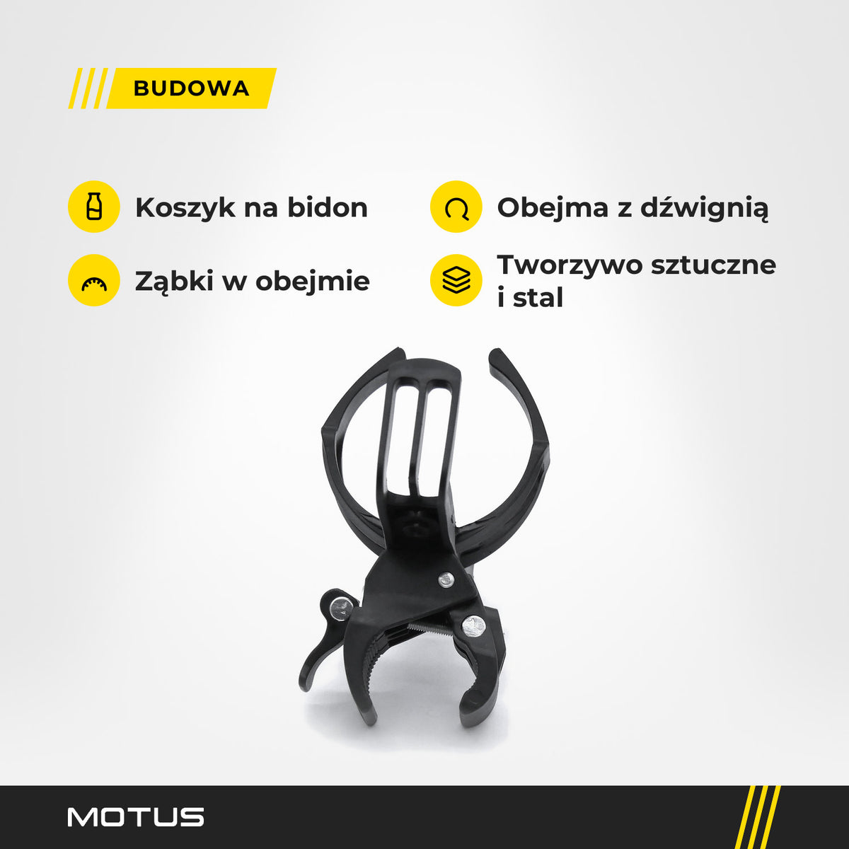 Budowa uchwytu MOTUS na bidon: koszyk na bidon, obejma z dźwignią, ząbki w obejmie, tworzywo sztuczne i stal.