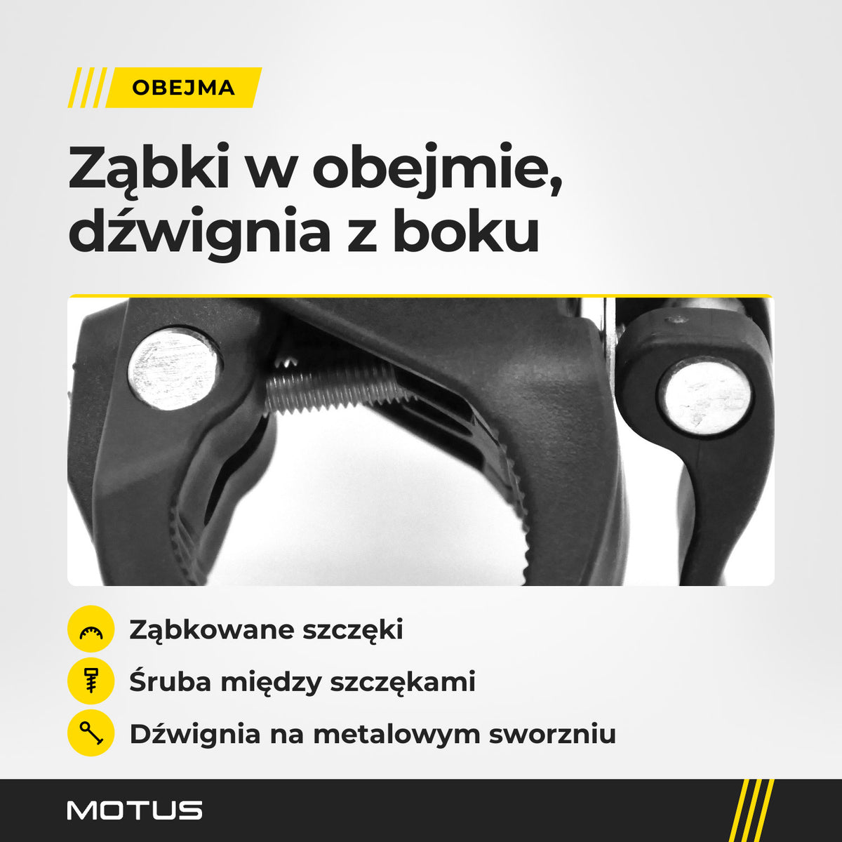 Obejma uchwytu MOTUS na bidon z bliska: ząbkowane szczęki, śruba między nimi i dźwignia z boku.