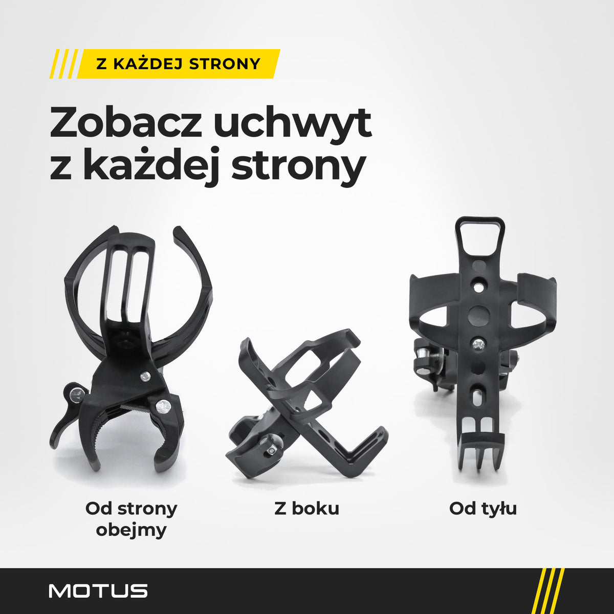 Uchwyt MOTUS na bidon od strony obejmy, z boku i od tyłu: koszyk, stopka, grzbiet z otworami i obejma.