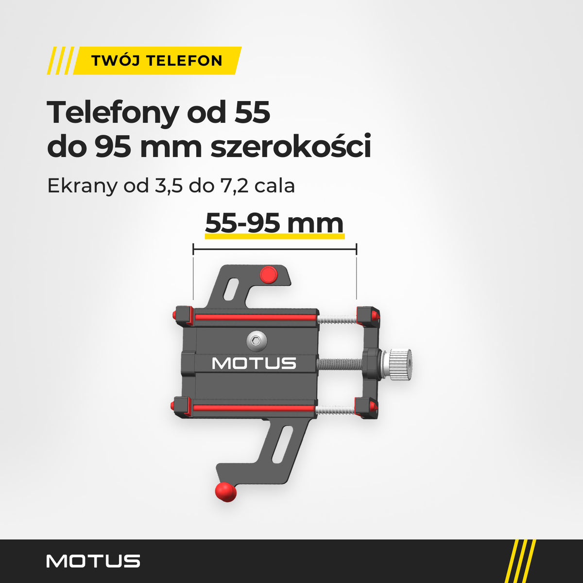 Uchwyt na telefon MOTUS PRO Red z przodu z linią wymiaru szczęk: telefony od 55 do 95 mm szerokości, ekrany od 3,5 do 7,2 cala.