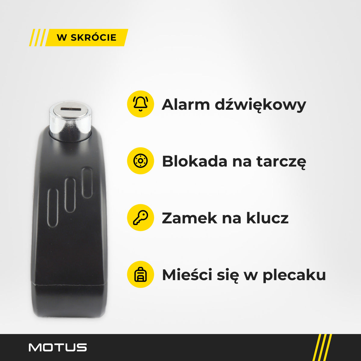 Blokada MOTUS Alarm Lock od czoła i 4 korzyści: alarm dźwiękowy, blokada na tarczę hamulcową, zamek na klucz, mieści się w plecaku.