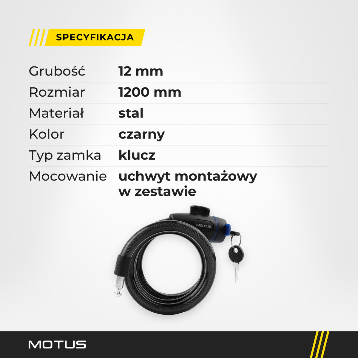 Specyfikacja zapięcia MOTUS: grubość 12 mm, rozmiar 1200 mm, stal, kolor czarny, zamek na klucz, uchwyt montażowy w zestawie.