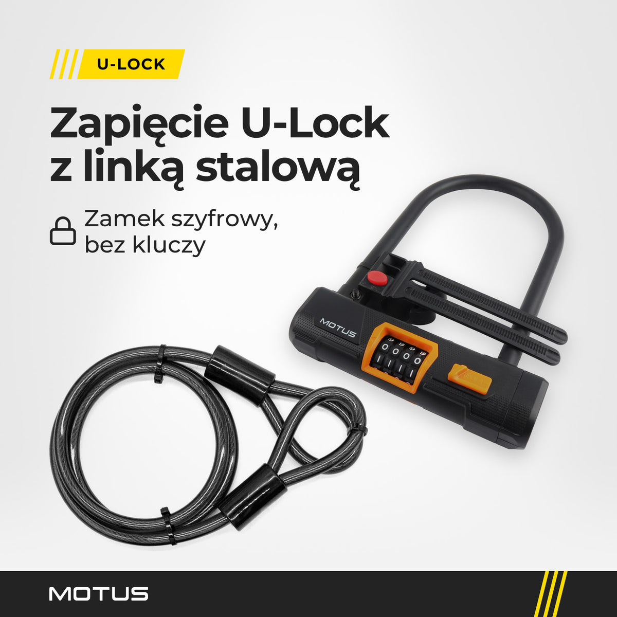Zapięcie MOTUS U-Lock z zamkiem szyfrowym, widok 3/4, i elastyczna linka stalowa z oczkami z tego samego zestawu.