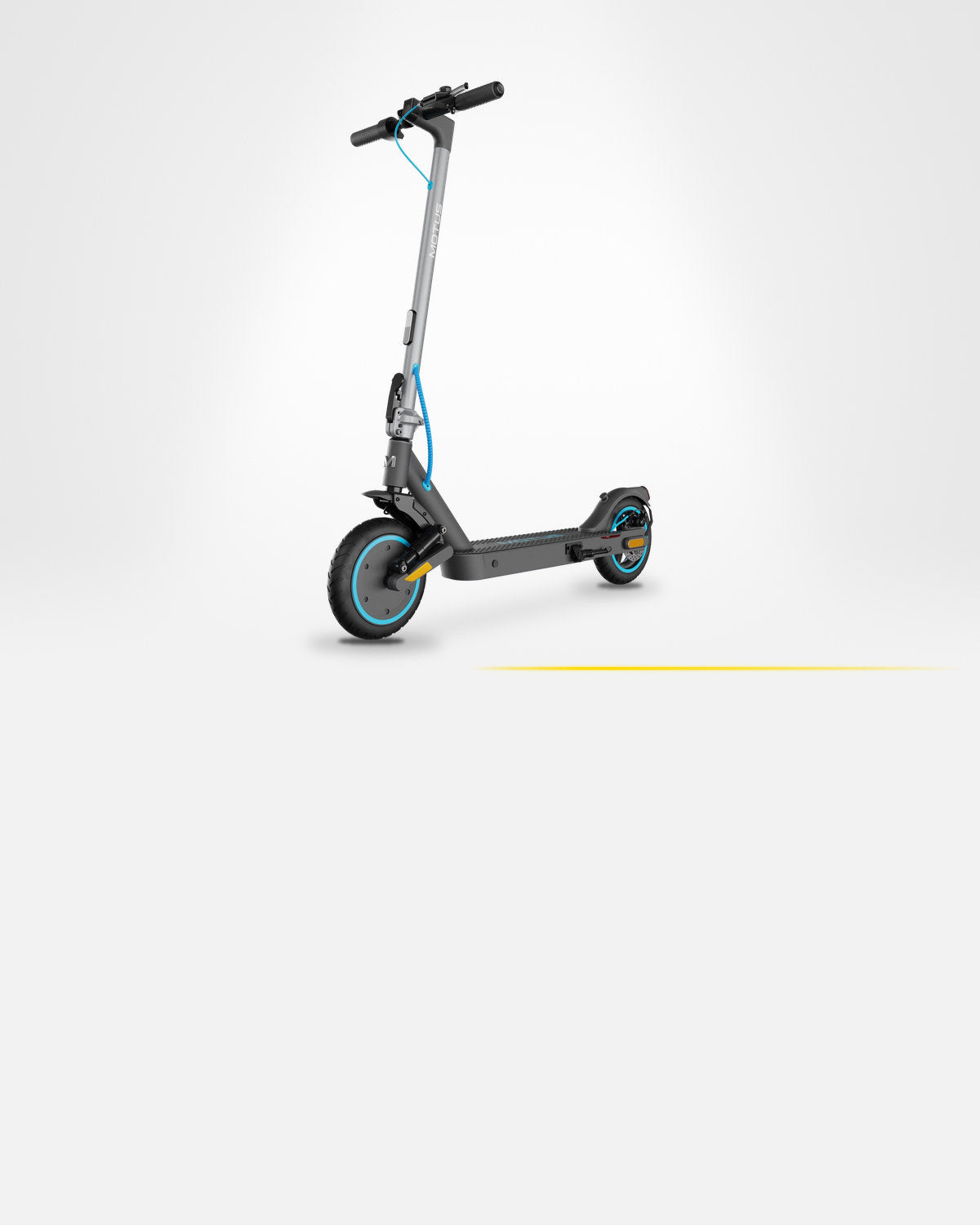 Hulajnoga elektryczna MOTUS Scooty 10 Elite, szara z niebieskimi akcentami, widok z przodu pod kątem, w jasnym studiu