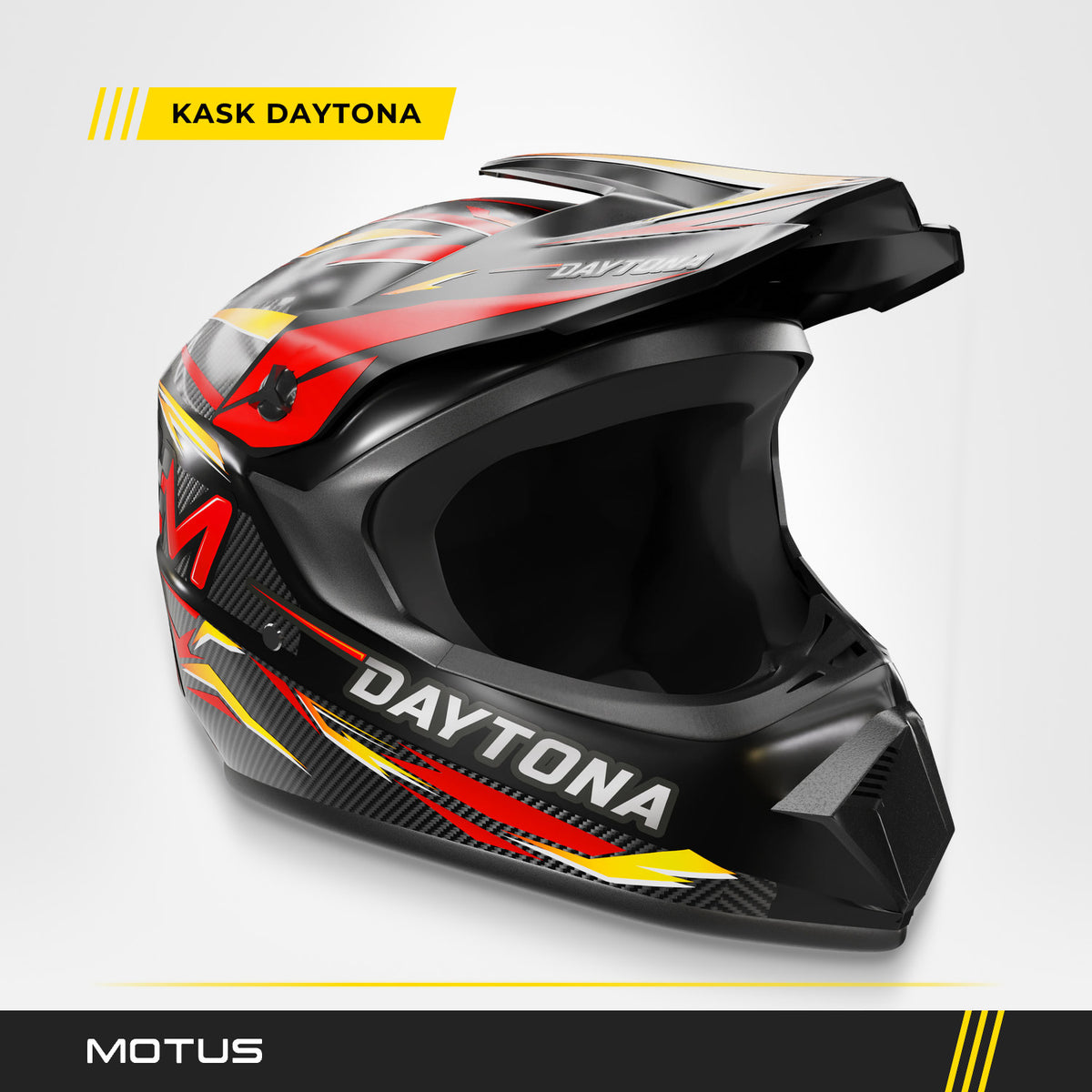 Kask full face MOTUS Daytona Performance 3/4 z przodu z prawej: czarna skorupa z czerwono-żółtą grafiką, daszek i osłona szczęki z napisem DAYTONA.