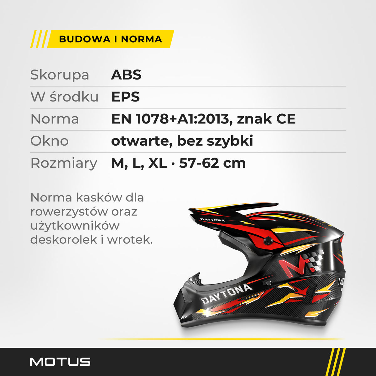 Specyfikacja kasku full face MOTUS Daytona Performance: skorupa ABS, warstwa EPS, norma EN 1078+A1:2013, okno bez szybki, rozmiary M, L i XL.