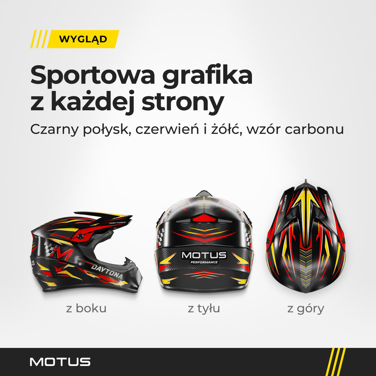 Kask full face MOTUS Daytona Performance w 3 widokach: prawy bok, tył z napisem MOTUS PERFORMANCE i widok z góry na daszek i grafikę.
