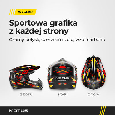 Kask full face MOTUS Daytona Performance w 3 widokach: prawy bok, tył z napisem MOTUS PERFORMANCE i widok z góry na daszek i grafikę.