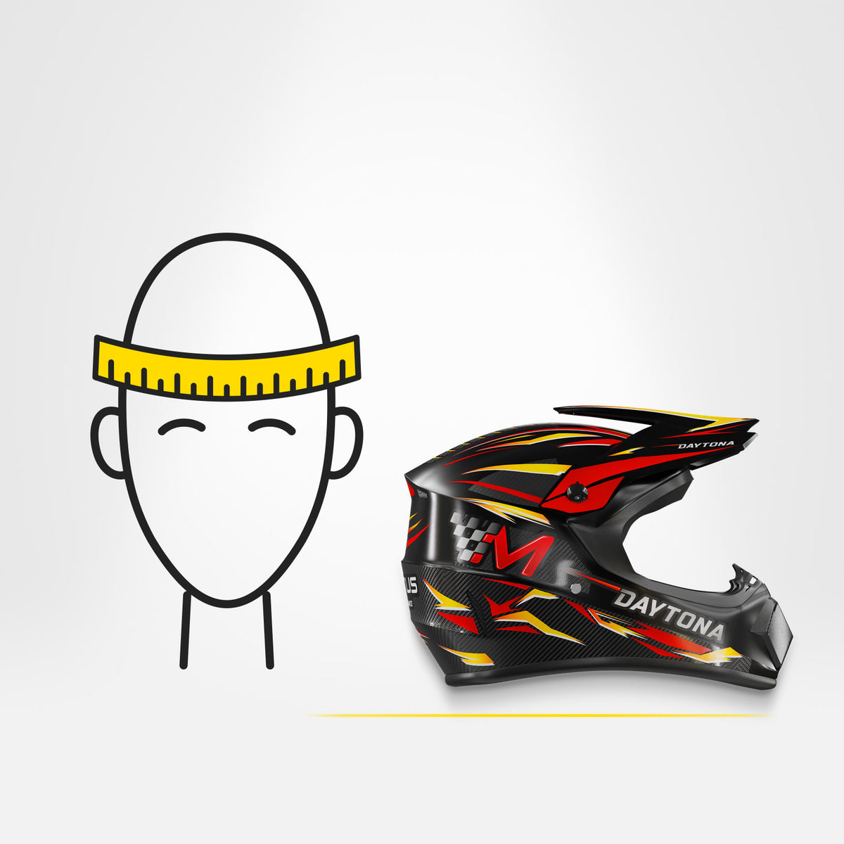Rysunek głowy z miarką krawiecką założoną nad brwiami i uszami, obok kask full face MOTUS Daytona Performance z prawego boku.